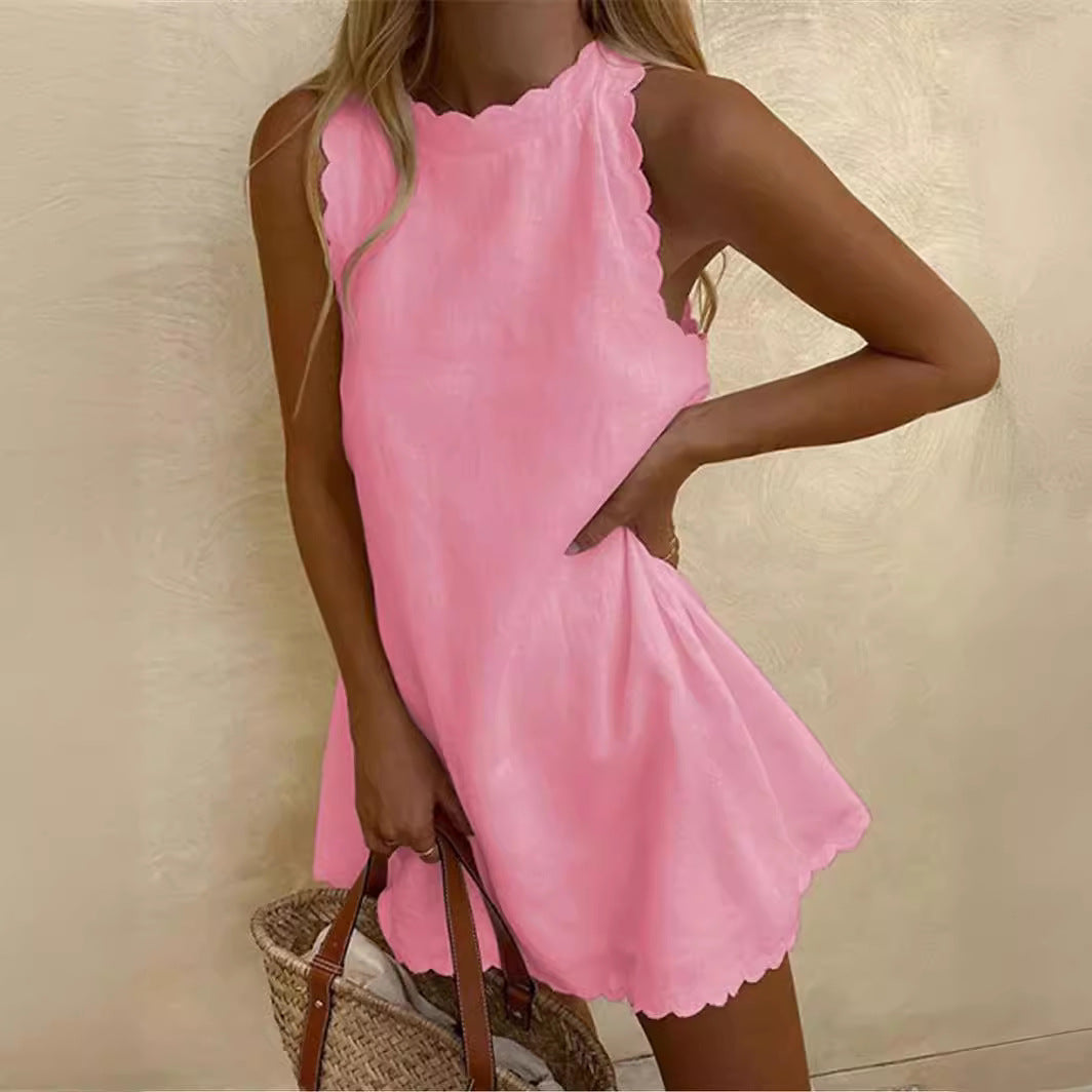 Dames Mouwloze Mini-Jurk Met Geschulpte Randen – Lente, Zomer En Vroege Herfst