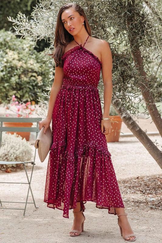 Dames Halterjurk Met Ruffle Detail, Stippenprint En Zwierige Maxi-Lengte – Geschikt Voor Lente, Zomer En Herfst