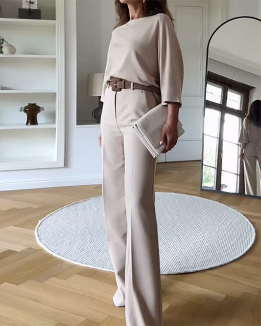 Dames Pantalon Set Met Wijde Broek En Top Met Halflange Mouwen – Ideaal Voor Lente, Zomer En Herfst