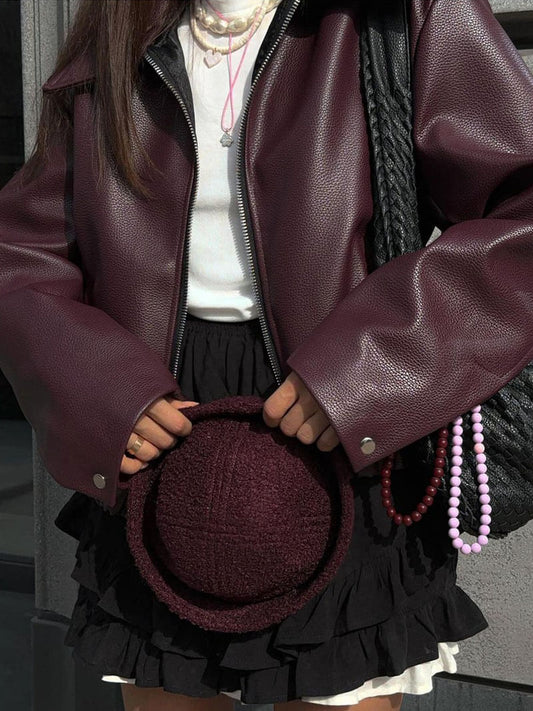 Burgundy Leren Jas Met Rits