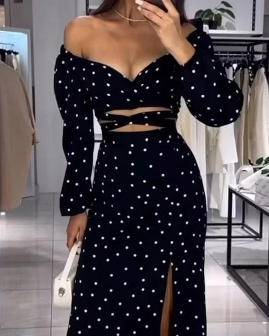 Dames Off-Shoulder Jurk Met Stippenprint, Cut-Outs En Split – Voor Lente, Zomer En Herfst