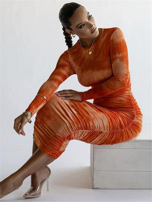 Mesh Damesjurk Met Lange Mouwen En Bodycon Fit – Artistieke Print In Midi-Lengte