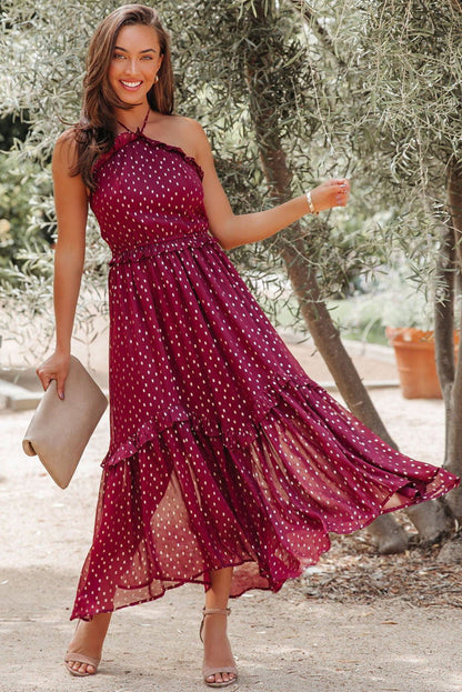 Dames Halterjurk Met Ruffle Detail, Stippenprint En Zwierige Maxi-Lengte – Geschikt Voor Lente, Zomer En Herfst