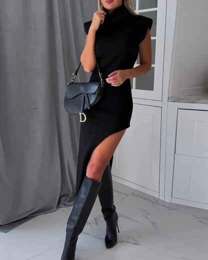 Gebreide Damesjurk Met Col En Asymmetrische Split – Stijlvolle Knit Dress Met Moderne Twist