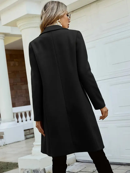 Lange Zwarte Mantel Met Dubbele Knopen – Stijlvolle Damesjas Voor Herfst & Winter Met Klassieke Pasvorm