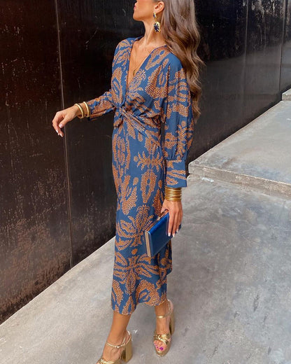 Dames Midi-Jurk Met Twistdetail En Grafisch Patroon – Lente, Zomer En Avondgelegenheden