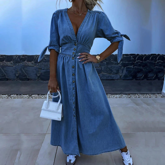 Dames Maxi-Jurk Met Knoopsluiting, Split En Strikmouwen – Lente, Zomer En Vroege Herfst