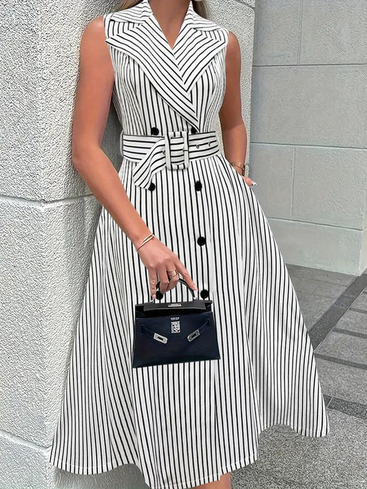Gestreepte Mouwloze Midi-Jurk Met Reverskraag En Tailleband – Zomerse Elegantie Voor Elke Gelegenheid