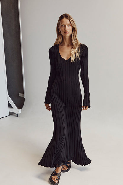 Dames Ribgebreide Maxi-Jurk Met V-Hals En Lange Mouwen – Voorjaar, Zomer En Herfst