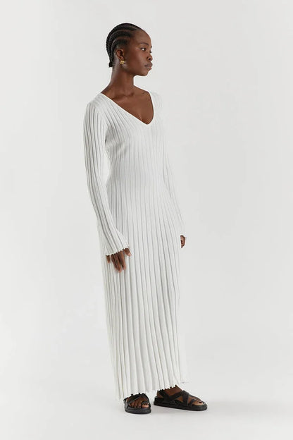 Dames Ribgebreide Maxi-Jurk Met V-Hals En Lange Mouwen – Voorjaar, Zomer En Herfst