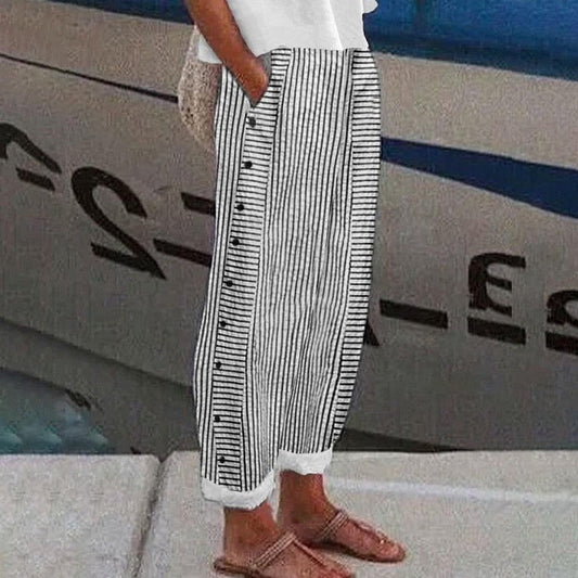 Zomerse Damesbroek – Luchtige Linnenlook Met Knoopdetail En Strepen