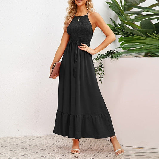 Maxi Zomerjurk Met Gesmokte Top En Halternek – Elegantie Met Een Casual Twist