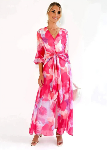 Lange Kleurrijke Zomerjurk Voor Dames – Elegante Maxi Jurk Met V-Hals En Strikceintuur