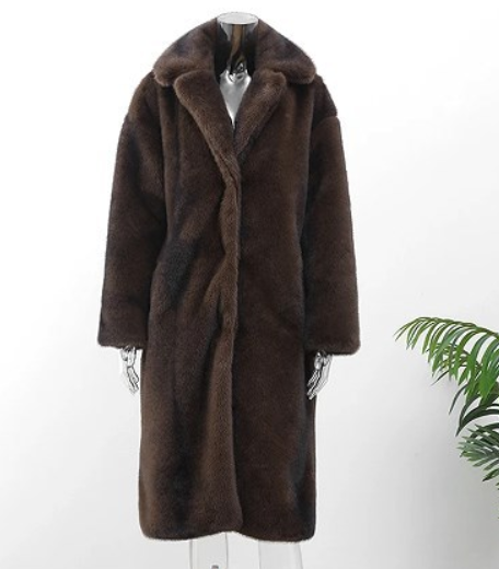 Lange Bruine Faux Fur Jas – Elegante Fluffy Wintermantel Voor Dames Met Luxe Uitstraling