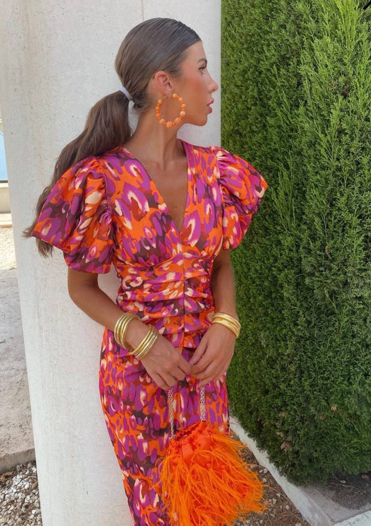 Dames Midi-Jurk Met Pofmouwen, Cut-Out En Bloemenprint – Lente, Zomer En Vroege Herfst
