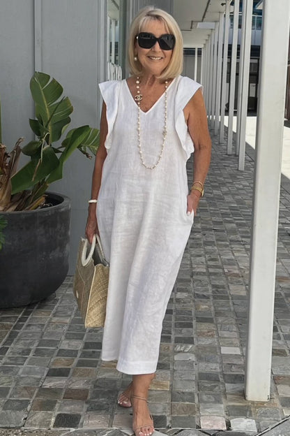 Linnen Damesjurk Met V-Hals En Kapmouw – Luchtige Midi Zomerjurk Met Casual Elegantie