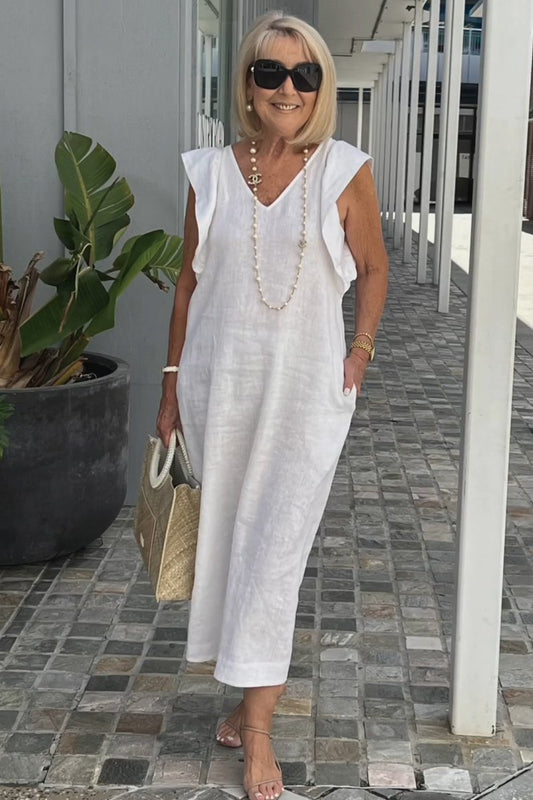 Linnen Damesjurk Met V-Hals En Kapmouw – Luchtige Midi Zomerjurk Met Casual Elegantie