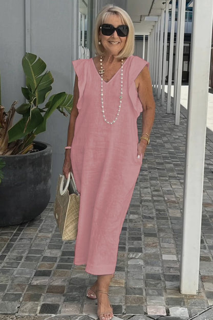 Linnen Damesjurk Met V-Hals En Kapmouw – Luchtige Midi Zomerjurk Met Casual Elegantie