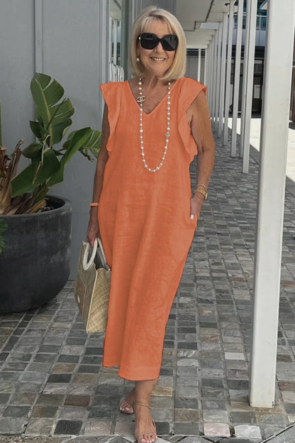 Linnen Damesjurk Met V-Hals En Kapmouw – Luchtige Midi Zomerjurk Met Casual Elegantie