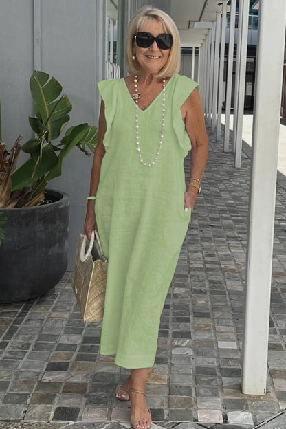 Linnen Damesjurk Met V-Hals En Kapmouw – Luchtige Midi Zomerjurk Met Casual Elegantie