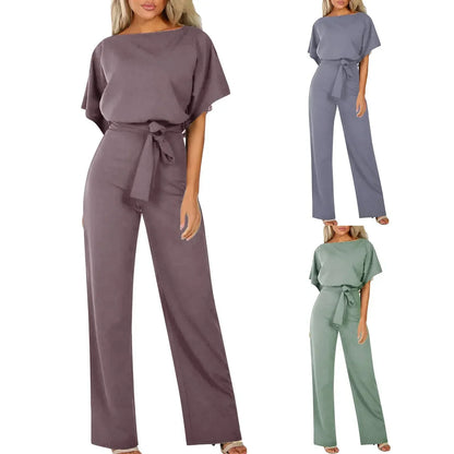 Chique Dames Jumpsuit – Elegante Wide Leg Jumpsuit Met Ceintuur En Boothals