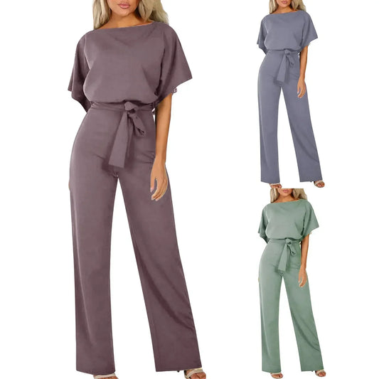 Chique Dames Jumpsuit – Elegante Wide Leg Jumpsuit Met Ceintuur En Boothals