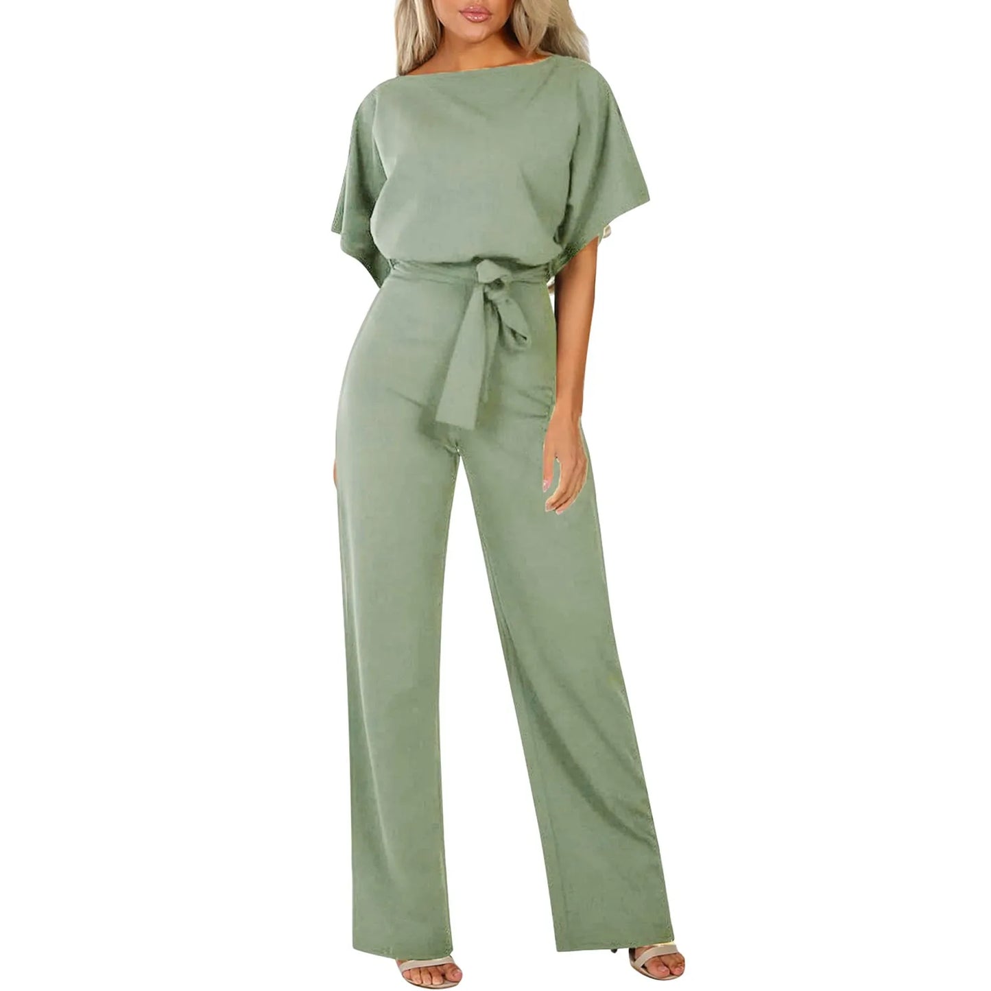 Chique Dames Jumpsuit – Elegante Wide Leg Jumpsuit Met Ceintuur En Boothals