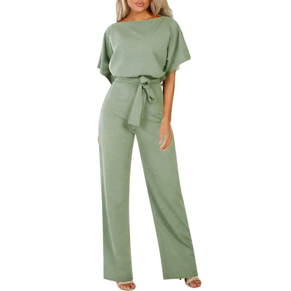 Chique Dames Jumpsuit – Elegante Wide Leg Jumpsuit Met Ceintuur En Boothals