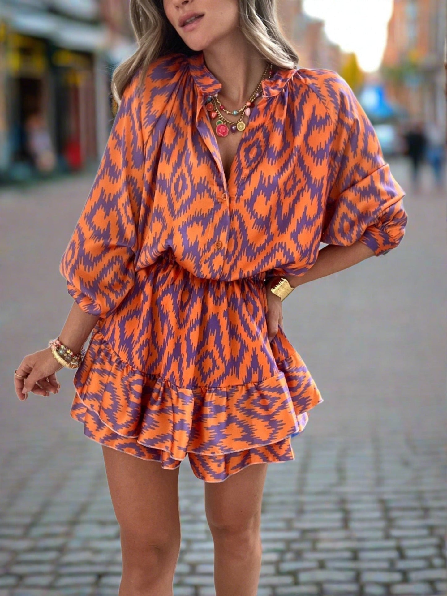 Dames Jurk Met Grafische Print, Lange Mouwen En Volantrok – Lente, Zomer En Vroege Herfst