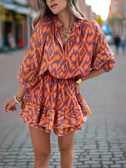 Dames Jurk Met Grafische Print, Lange Mouwen En Volantrok – Lente, Zomer En Vroege Herfst
