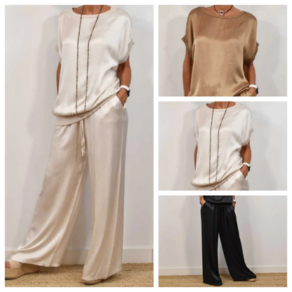 Satijnlook Set Voor Dames – Luxe Lounge Pak Met Wijde Broek & Losvallend Shirt Voor Zomer En Lente