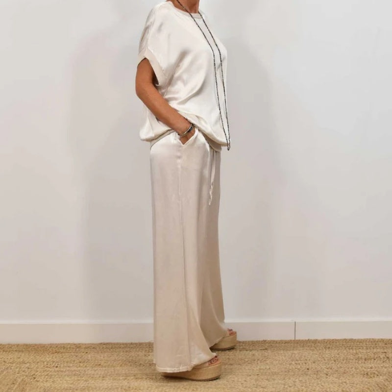 Satijnlook Set Voor Dames – Luxe Lounge Pak Met Wijde Broek & Losvallend Shirt Voor Zomer En Lente