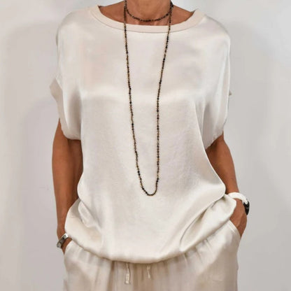 Satijnlook Set Voor Dames – Luxe Lounge Pak Met Wijde Broek & Losvallend Shirt Voor Zomer En Lente