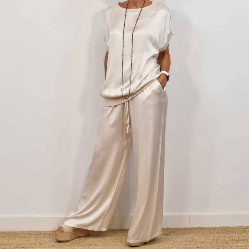 Satijnlook Set Voor Dames – Luxe Lounge Pak Met Wijde Broek & Losvallend Shirt Voor Zomer En Lente