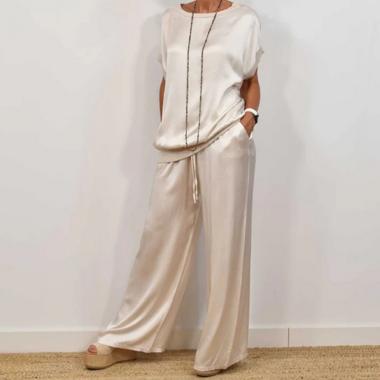Satijnlook Set Voor Dames – Luxe Lounge Pak Met Wijde Broek & Losvallend Shirt Voor Zomer En Lente