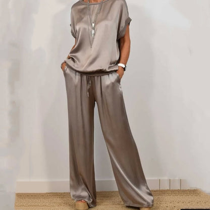 Satijnlook Set Voor Dames – Luxe Lounge Pak Met Wijde Broek & Losvallend Shirt Voor Zomer En Lente