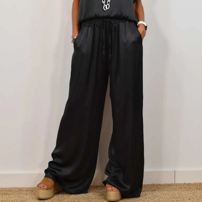 Satijnlook Set Voor Dames – Luxe Lounge Pak Met Wijde Broek & Losvallend Shirt Voor Zomer En Lente