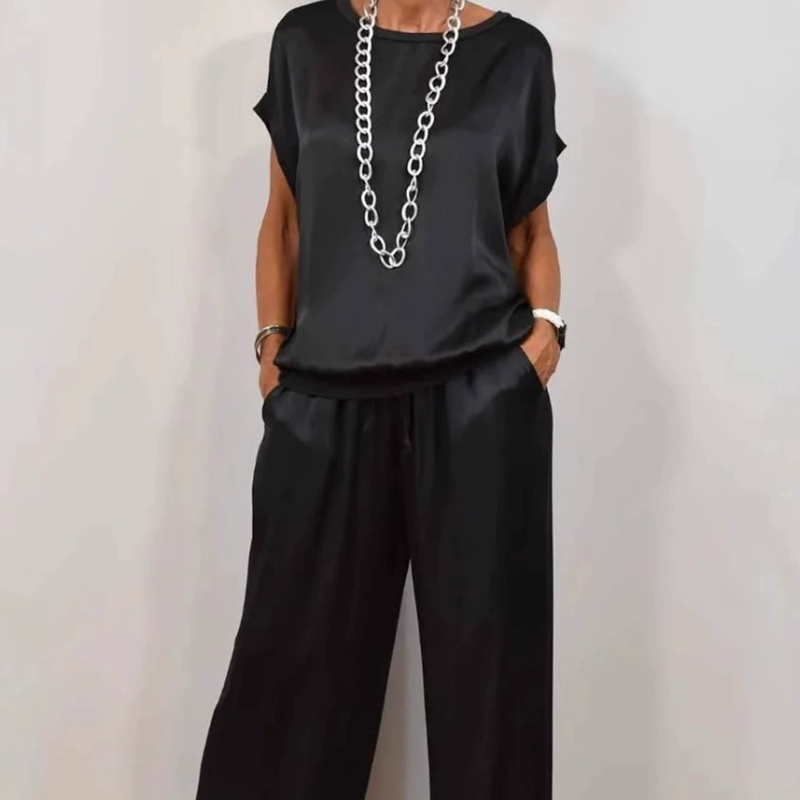 Satijnlook Set Voor Dames – Luxe Lounge Pak Met Wijde Broek & Losvallend Shirt Voor Zomer En Lente