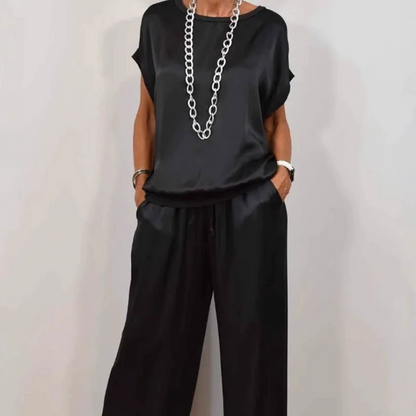 Satijnlook Set Voor Dames – Luxe Lounge Pak Met Wijde Broek & Losvallend Shirt Voor Zomer En Lente