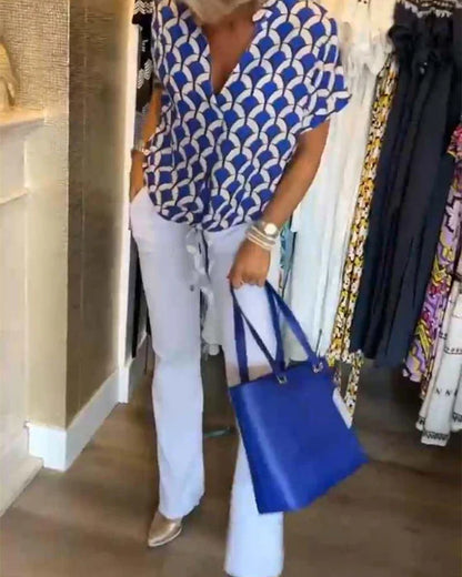 Top Met Geometrische Print – Casual Damesblouse Met V-Hals En Korte Mouwen