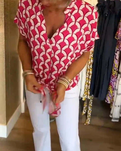 Top Met Geometrische Print – Casual Damesblouse Met V-Hals En Korte Mouwen