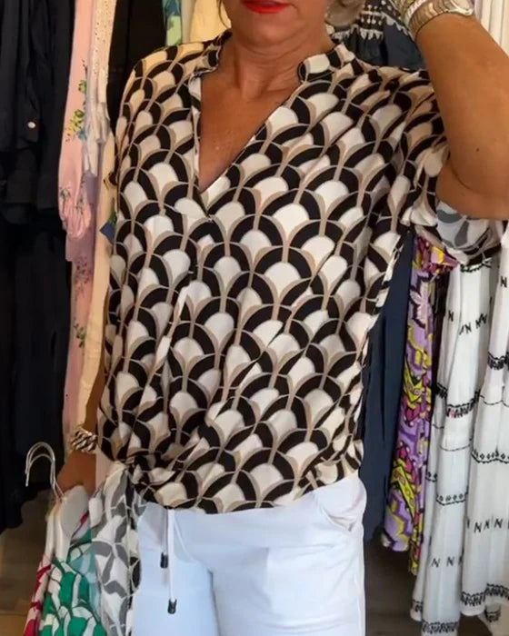 Top Met Geometrische Print – Casual Damesblouse Met V-Hals En Korte Mouwen