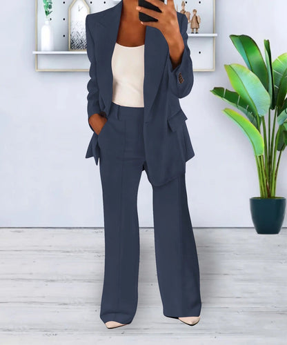 Dames Blazerpak Met Wijde Pantalon En Getailleerde Blazer – Perfect Voor Herfst, Winter En Voorjaar