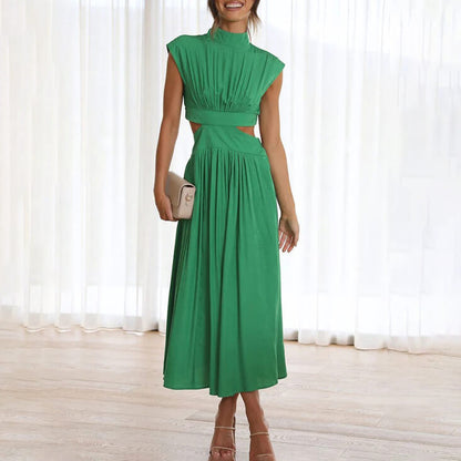 Damesjurk Met Hoge Hals – Geplooide Midi-Jurk Met Cut-Out Taille En Elegante Pasvorm