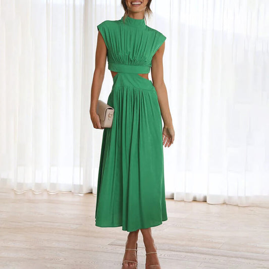 Damesjurk Met Hoge Hals – Geplooide Midi-Jurk Met Cut-Out Taille En Elegante Pasvorm