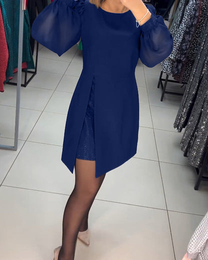 Gelaagde Mini-Jurk Met Transparante Ballonmouwen En Splitvoorkant – Een Edgy Statement Voor Avondjes Uit