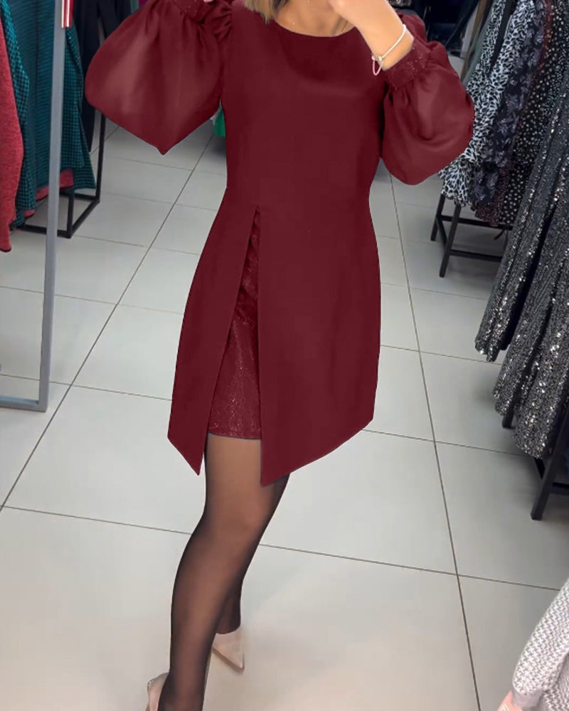Gelaagde Mini-Jurk Met Transparante Ballonmouwen En Splitvoorkant – Een Edgy Statement Voor Avondjes Uit