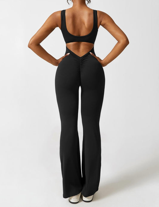 Strakke Sportieve Dames Jumpsuit Met Open Rug En Flared Pijpen – Lente, Zomer En Herfst